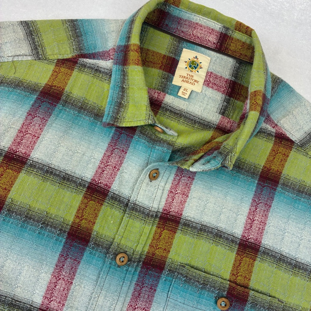 The Territory Ahead Shirt Mens XL Green Blue Plaid Cotton Short Sleeve Button Up